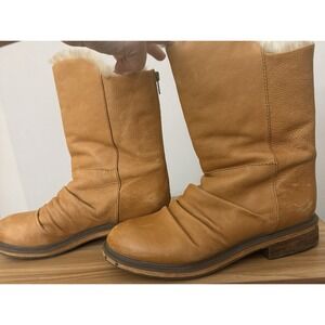 NAYA  Tan Leather Mid Calf Boots Shearling Lined Side Zip Low Heel Women's 9